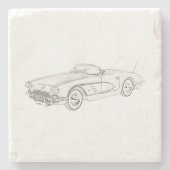 1958シブコルベット黒と白の鉛筆スケッチ ストーンコースター (正面)