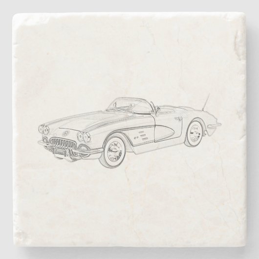 1958シブコルベット黒と白の鉛筆スケッチ ストーンコースター (正面)