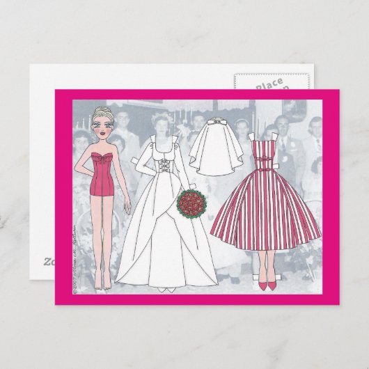 1958年の紙人形はがきの若い花嫁デビー ポストカード (正面/裏面)