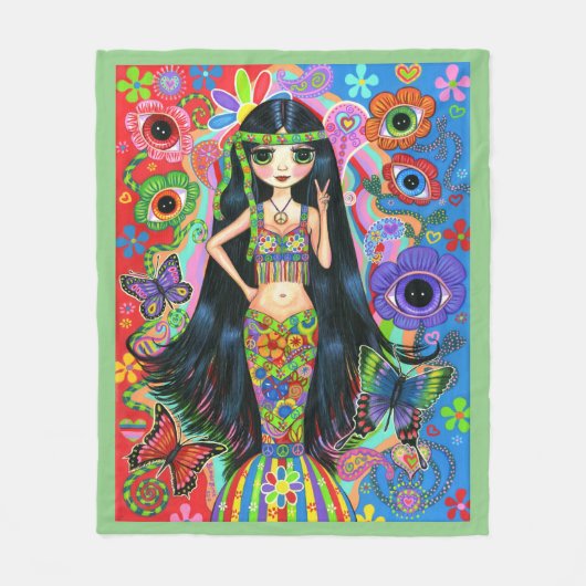 1960年代のかわいい大きな目のヒッピー·マーメイド·ガール·ピース·サイン フリースブランケット (正面)