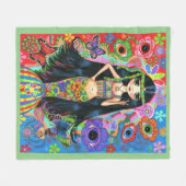 1960年代のかわいい大きな目のヒッピー·マーメイド·ガール·ピース·サイン フリースブランケット (正面(横))