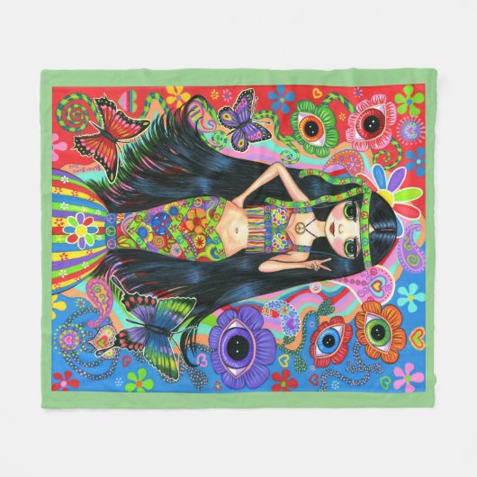 1960年代のかわいい大きな目のヒッピー·マーメイド·ガール·ピース·サイン フリースブランケット (正面(横))