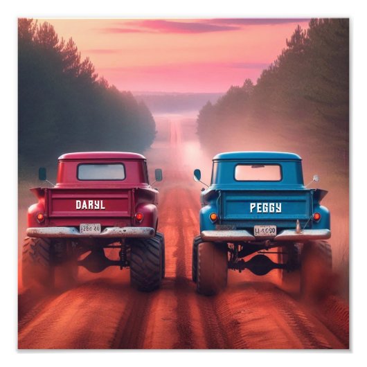 1960年代のトラックが未舗装の道路を走り抜ける名前をカスタムする フォトプリント            (正面)