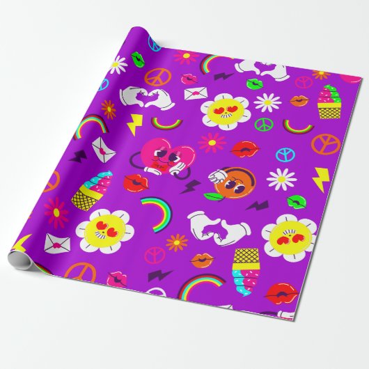 1960年代のバレンタイン平和のサイングルーヴ・レインボー ラッピングペーパー (アンロールド)