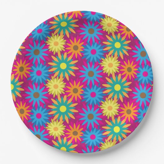 1960年代のフラワーパワーカラフルフローラパタモダンーン ペーパープレート (正面)