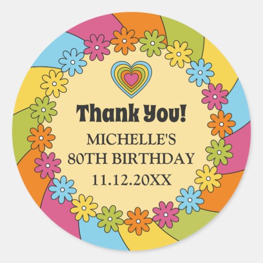 1960年代のレトロでカラフルな花とハートと波のグッズ  ラウンドシール (正面)