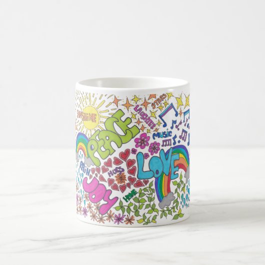 1960年代のレトロなアート。平和,愛,喜び。お名前 コーヒーマグカップ (中央)