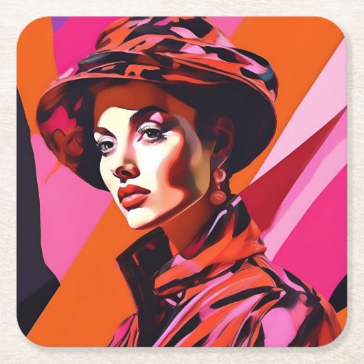 1960年代の女性抽象芸術アート衣料品コースターセット スクエアペーパーコースター (正面)