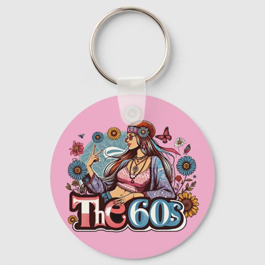 1960年代ヒッピー女の子のヒック平和サイン指アート キーホルダー (正面)