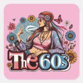 1960年代ヒッピー女の子のヒック平和サイン指アート スクエアシール (正面)