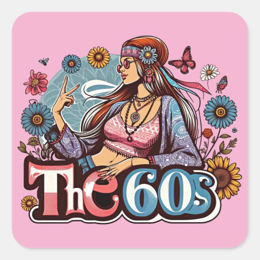 1960年代ヒッピー女の子のヒック平和サイン指アート スクエアシール (正面)