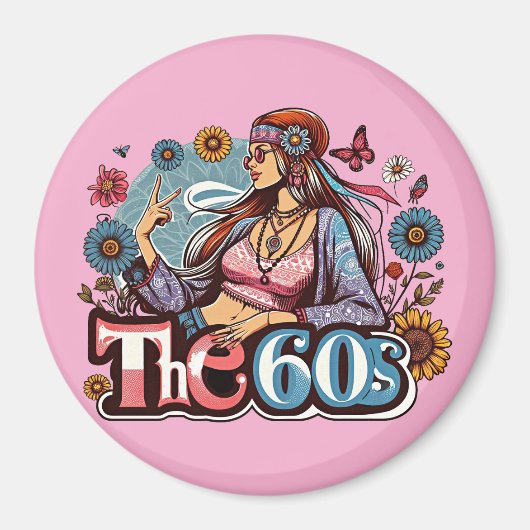1960年代ヒッピー女の子のヒック平和サイン指アート マグネット (正面)
