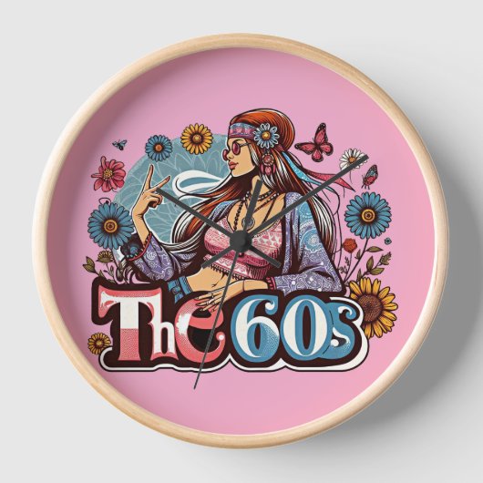 1960年代ヒッピー女の子のヒック平和サイン指アート 壁時計 (正面)