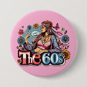 1960年代ヒッピー女の子のヒック平和サイン指アート 缶バッジ (正面)