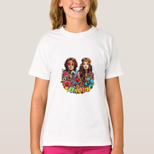 1960年代ヒッピー・カップル花の子の平和と愛の芸術 Tシャツ (正面)
