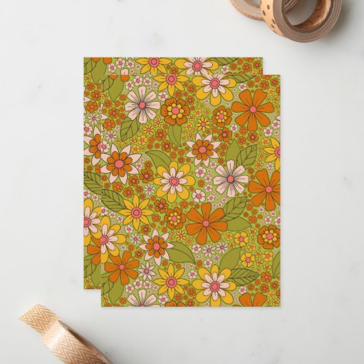 1960年代、1970年代のグリーン&オレンジレトロフローラ ノートカード (正面/裏面インサイチュ)