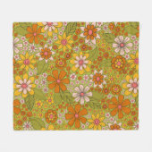 1960年代、1970年代のグリーン&オレンジレトロフローラ フリースブランケット (正面(横))