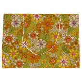 1960年代、1970年代のグリーン&オレンジレトロフローラ ラージペーパーバッグ (正面)