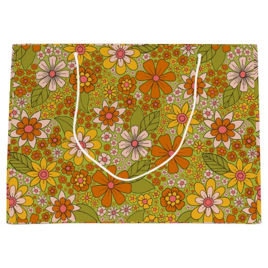 1960年代、1970年代のグリーン&オレンジレトロフローラ ラージペーパーバッグ (正面)