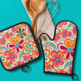 1960年代 1970年代 グルービー カラフル フラワーパワー 鍋つかみ&鍋敷きセット