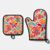 1960年代 1970年代 グルービー カラフル フラワーパワー 鍋つかみ&鍋敷きセット (正面)