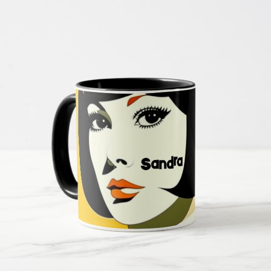 1960sスタイル女の子と黒ボブ、編集可能な名前 マグカップ (正面左)