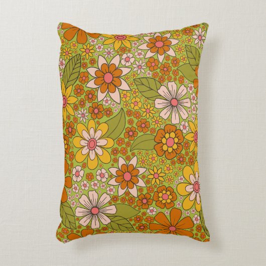 1960s、1970s緑およびオレンジ色のレトロフローラ アクセントクッション (正面(垂直))