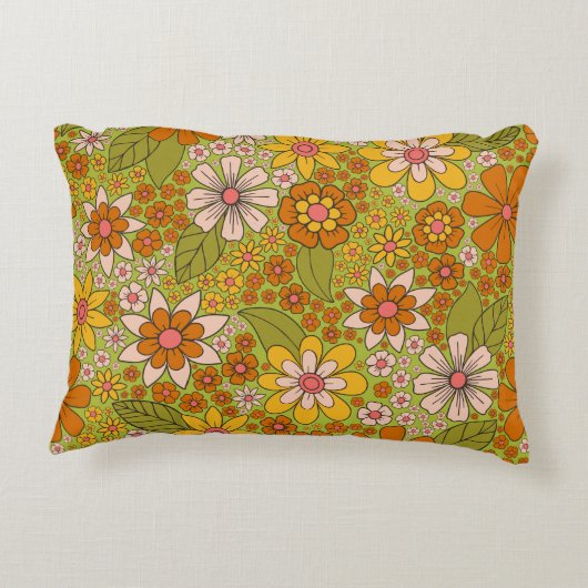 1960s、1970s緑およびオレンジ色のレトロフローラ アクセントクッション (裏面)