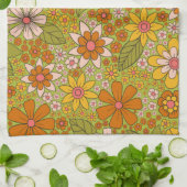 1960s、1970s緑およびオレンジ色のレトロフローラ キッチンタオル (折り畳み)