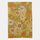 1960s、1970s緑およびオレンジ色のレトロフローラ キッチンタオル (縦)