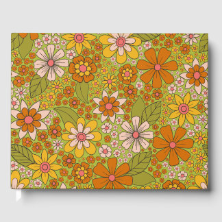 1960s、1970s緑およびオレンジ色のレトロフローラ ゲストブック