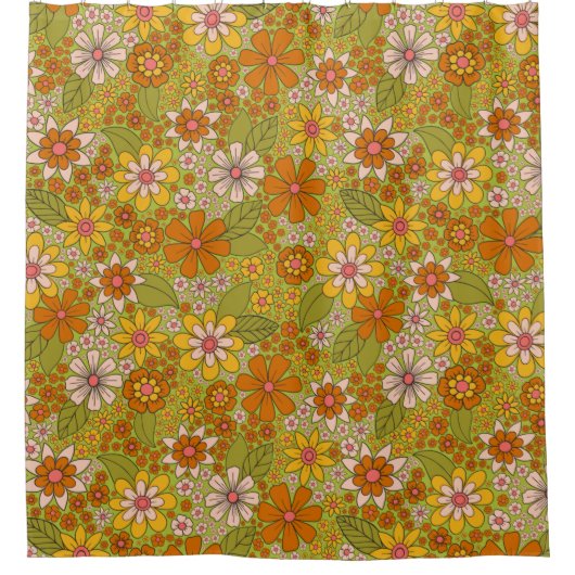 1960s、1970s緑およびオレンジ色のレトロフローラ シャワーカーテン (正面)