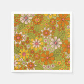 1960s、1970s緑およびオレンジ色のレトロフローラ スタンダードカクテルナプキン (正面)