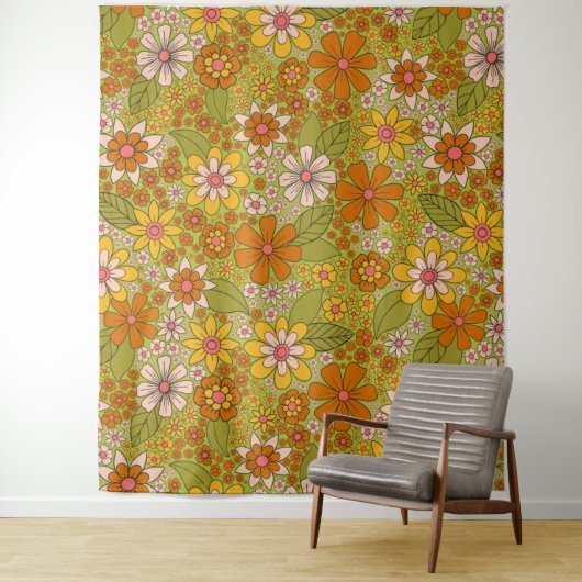 1960s、1970s緑およびオレンジ色のレトロフローラ タペストリー (インサイチュ)