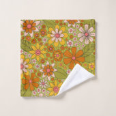 1960s、1970s緑およびオレンジ色のレトロフローラ バスタオルセット (ウォッシュタオル)