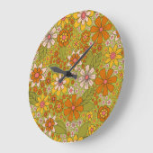 1960s、1970s緑およびオレンジ色のレトロフローラ ラージ壁時計 (傾斜)