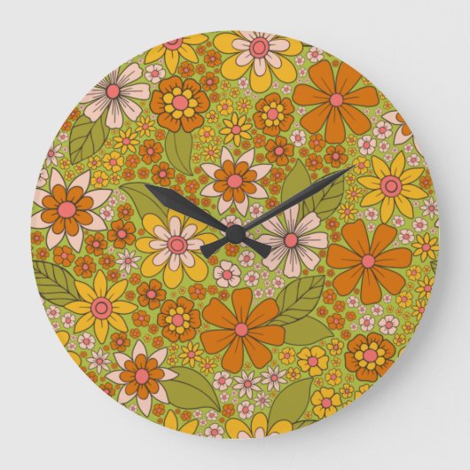 1960s、1970s緑およびオレンジ色のレトロフローラ ラージ壁時計 (正面)