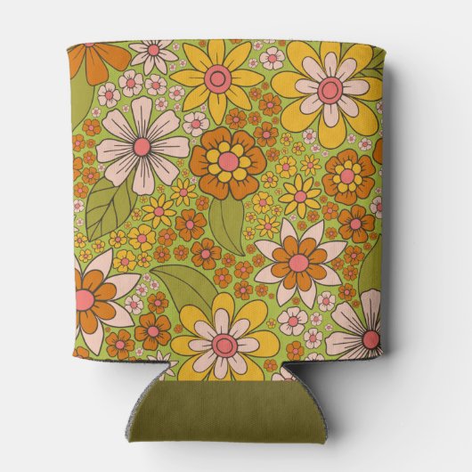 1960s、1970s緑およびオレンジ色のレトロフローラ 缶クーラー (裏面)