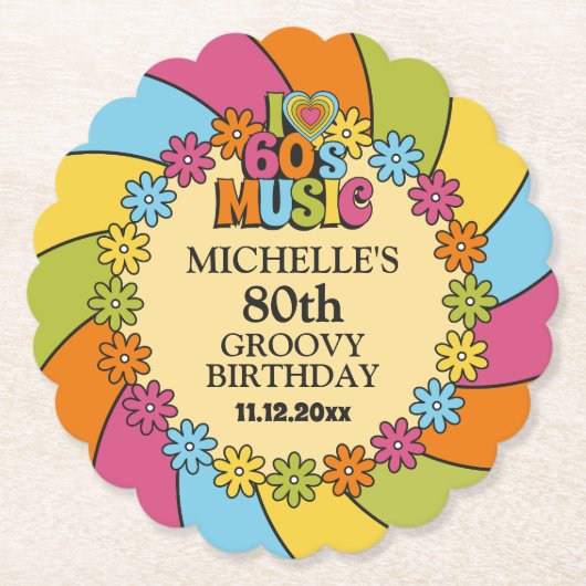 1960s Music Party 80th Groovy Retro Birthday Theme ペーパーコースター (正面)