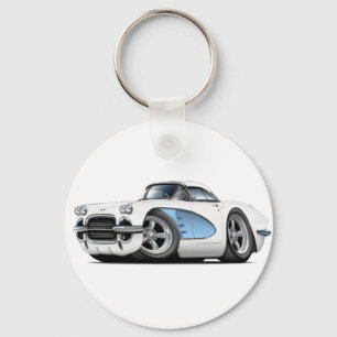 1961年のコルベットの白青い車 キーホルダー