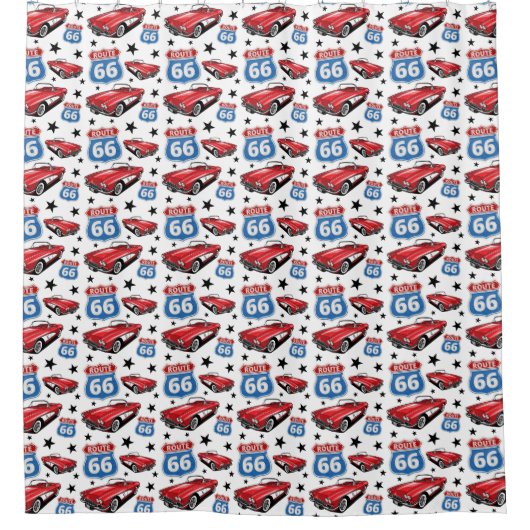 1961 C1赤いクラシックスポーツカーレトロルート66標識 シャワーカーテン (正面)