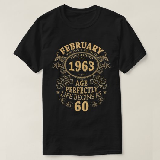 1963年2月ヴィンテージ1963年60歳、60歳、誕生日 Tシャツ (デザイン正面)