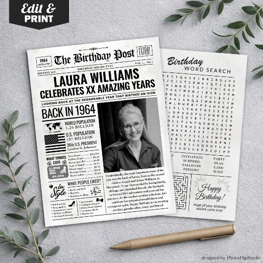 1964カスタム年新聞紙誕生日カードのトレンド シーズンカード