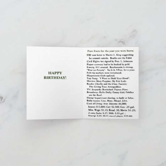 1964生まれ年の誕生日おもしろい事実 カード (内部)