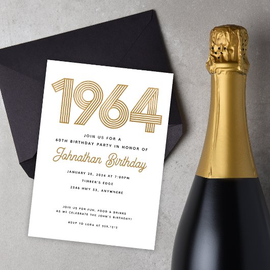 1964 白と黒のゴールド調60歳の誕生日招待状 招待状