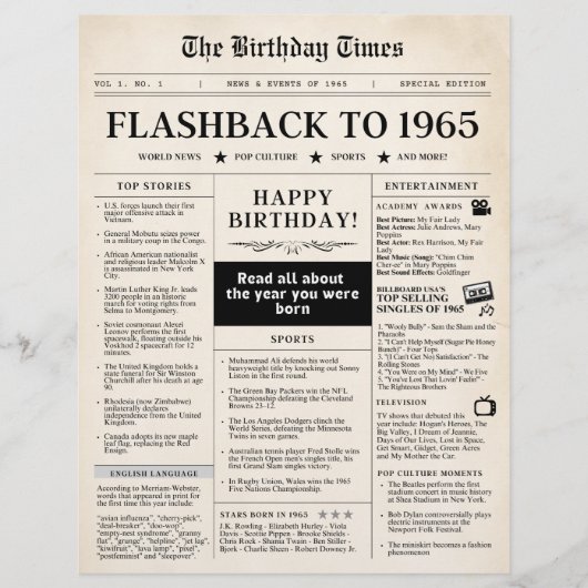 1965生まれ年の60歳の誕生日のモック新聞 (正面)