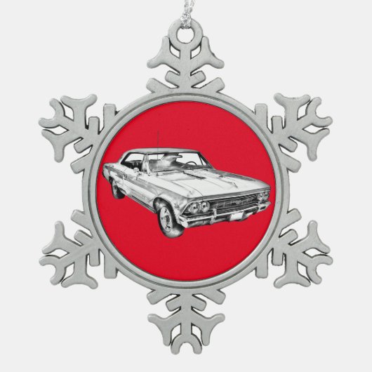 1966年のChevy Chevelle SS 396のイラストレーション スノーフレークピューターオーナメント (正面)