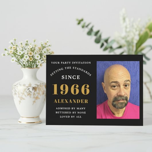 1966年生まれ60歳の誕生日 ブラックゴールド 名入れ 写真入り 招待状