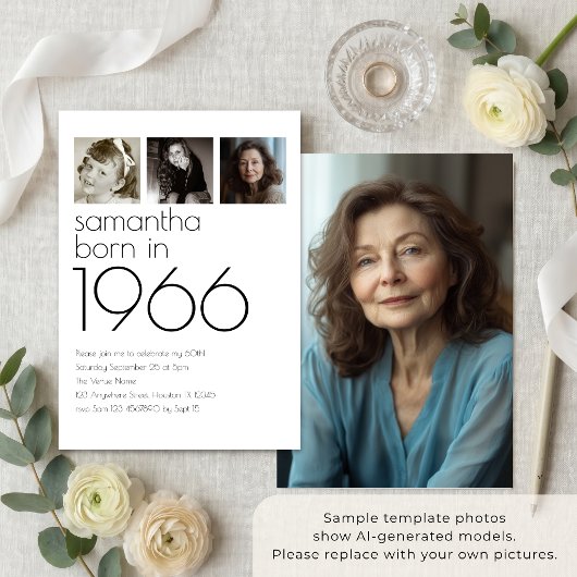 1966年生まれ モダン 60歳の誕生日パーティー 4枚の写真 招待状