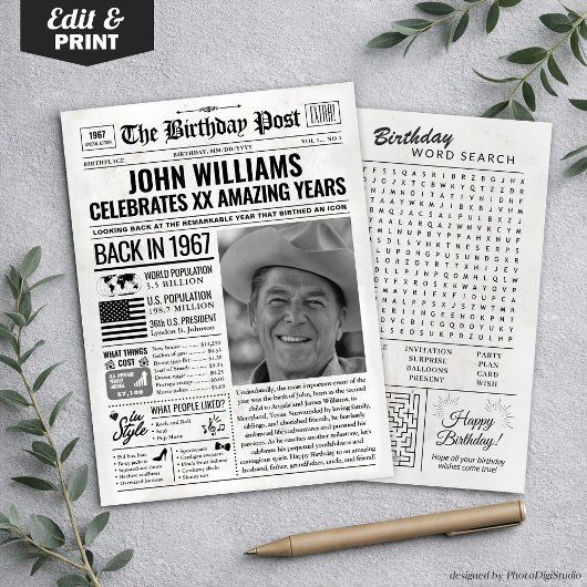 1967年の新聞スタイルの誕生日カード、カスタマイズ可能でトレンディ シーズンカード